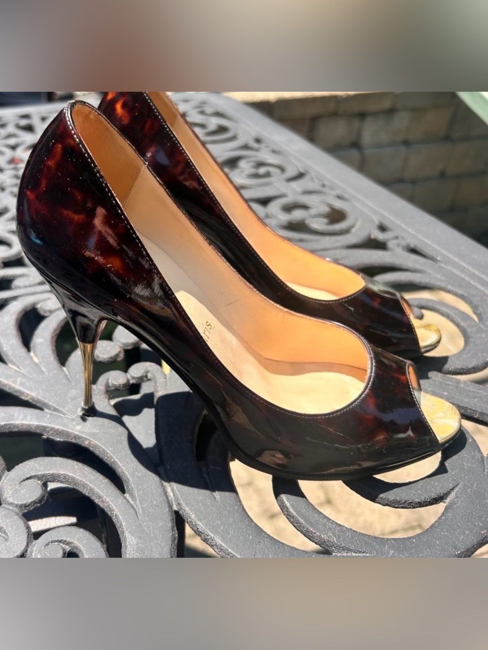 Christian Louboutin Tortoiseshell Patent Peep-Toe Pumps with Gold Stiletto